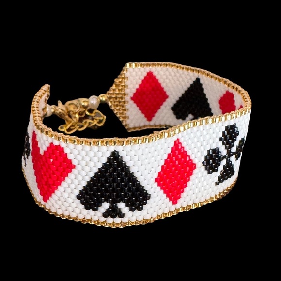 Hand crafted beaded Playing Card Motif Cuff Bracelet - Picture 3 of 10